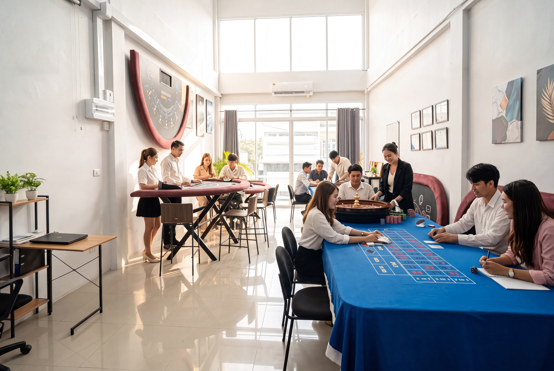 Students practising roulette and card dealing at Seahorse Academy's croupier training floor in Nonthaburi, Thailand